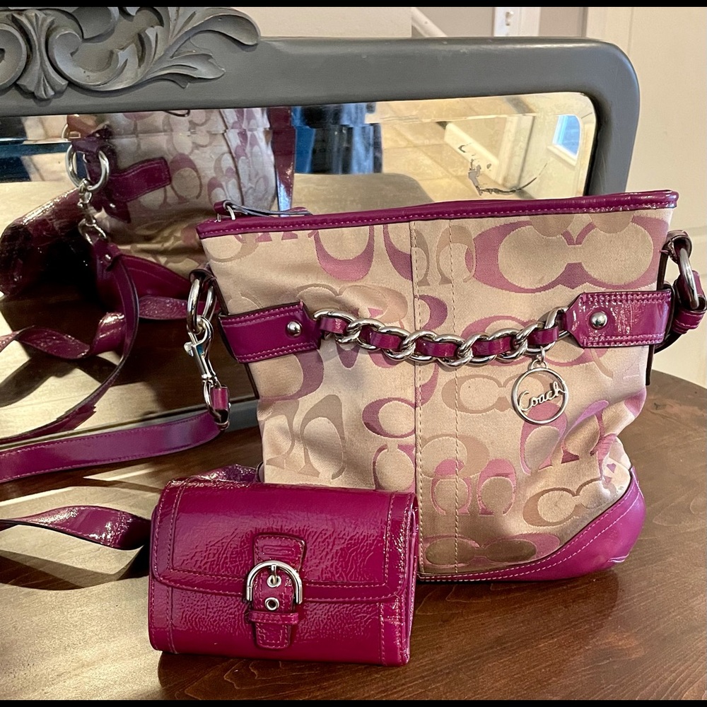 Coach Tan and Purple Optic Signature Crossbody